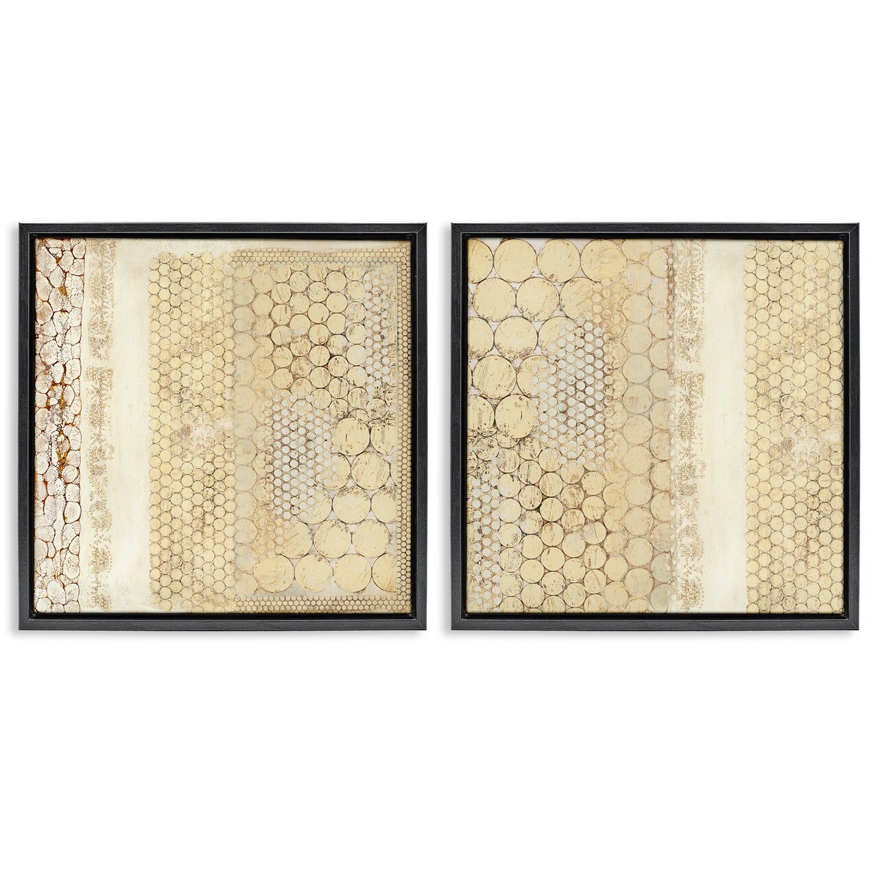 Stupell Industries Distressed Pale Yellow Circles 2 pc Framed Floater Canvas Wall Art Set Design by Laura Van Horne